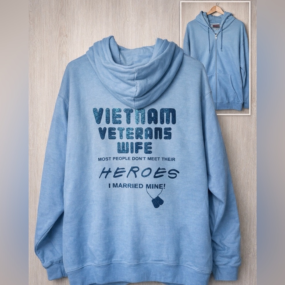 Hanes Hoodie Vietnam Vet's Wife Women's Size 3-XL Light Blue Full Zip 2 Pockets